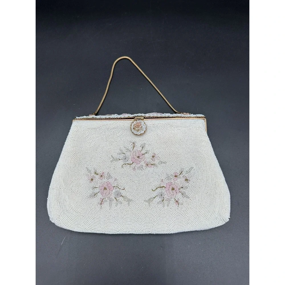 RARE VINTAGE PETITE POINT BEADED HOMEMADE IN‎ FRANCE FLORAL HANDBAG